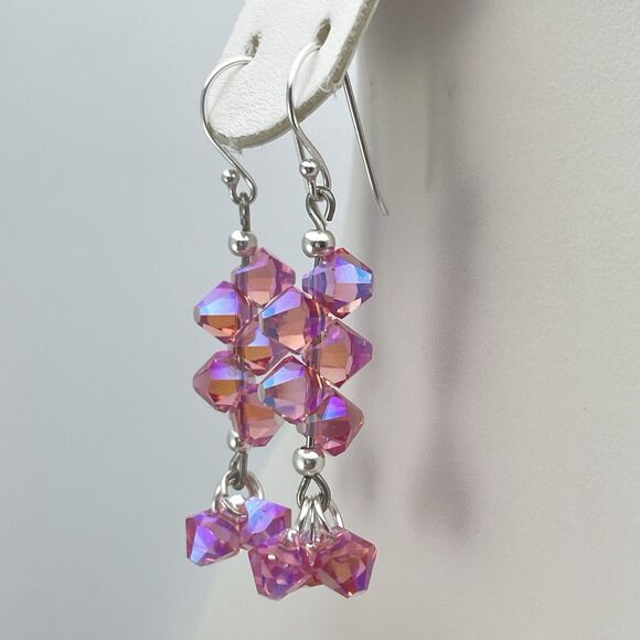 Made With Swarovski Crystal Pink AB Teardrops Sterling Silver Earrings Dangle - Picture 3 of 7